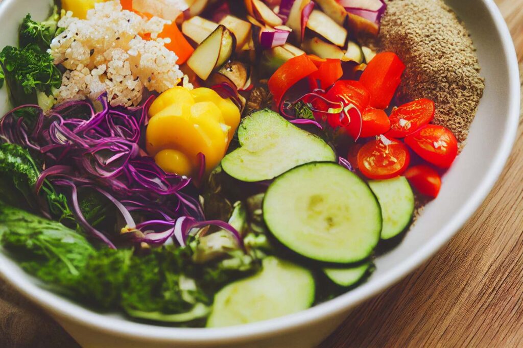 Bowl vegana colorata con ingredienti freschi - pasti veicolati ProntoPast