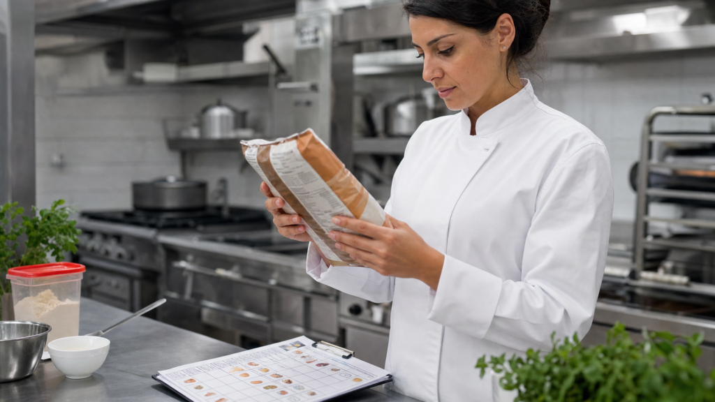 Chef che controlla etichette allergeni in una cucina professionale per la ristorazione collettiva