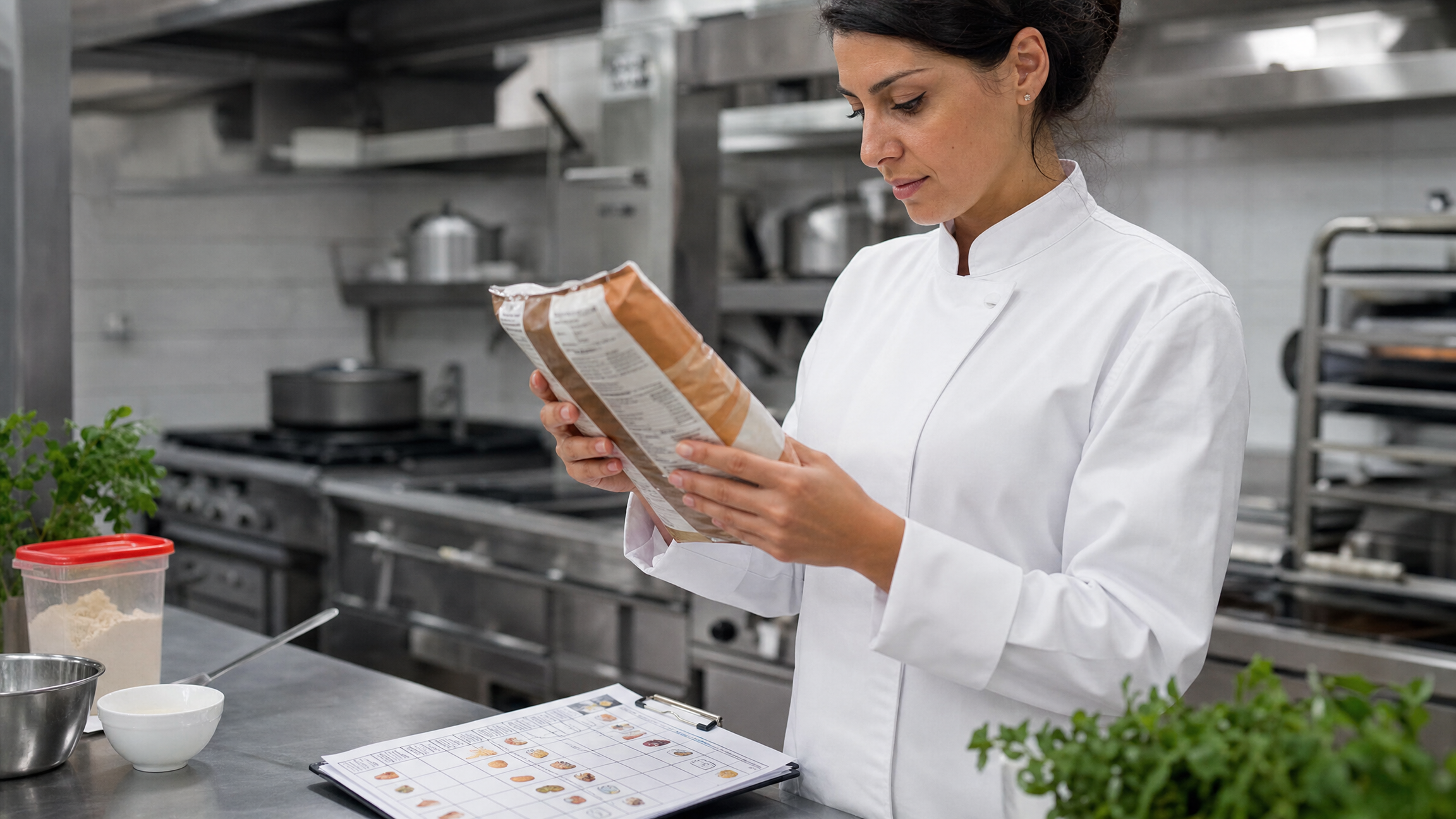Chef che controlla etichette allergeni in una cucina professionale per la ristorazione collettiva