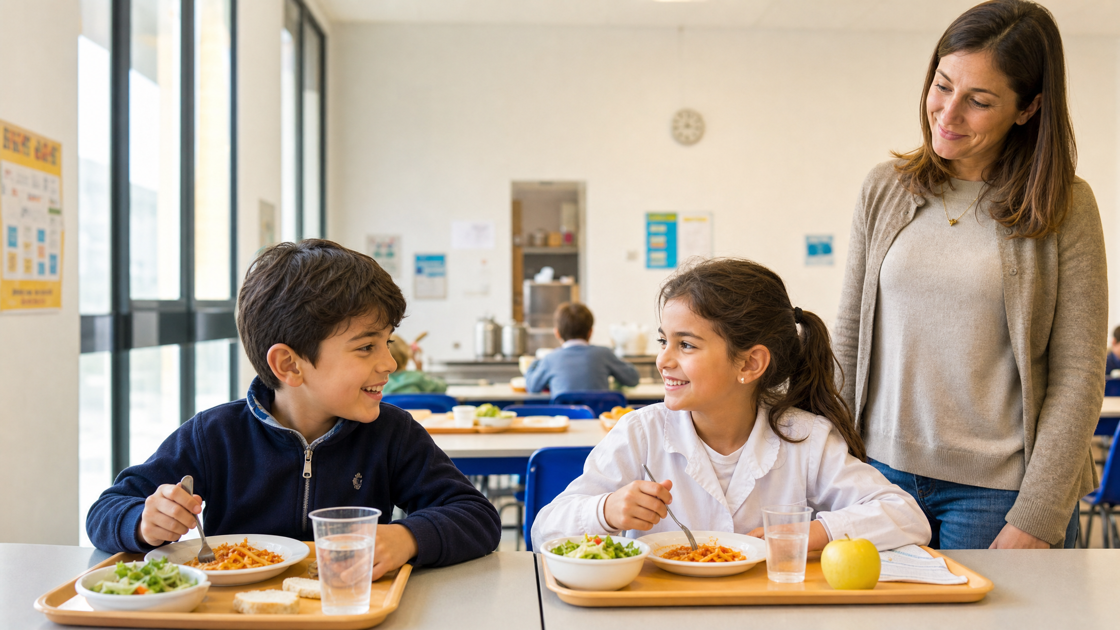 Bambini a pranzo nella mensa scolastica durante il momento educativo del pasto